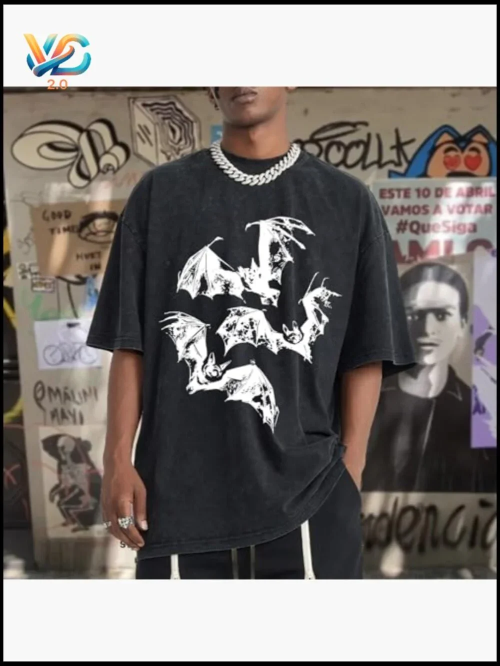 Oversized Bat Graphic Tee Vintage Acid Wash Cotton Y2K Streetwear T-Shirt - Picture 3 of 7